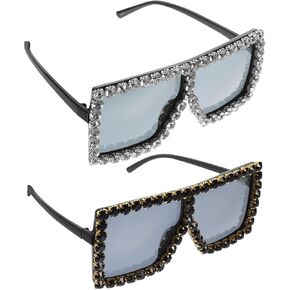 Oversized Square Sunglasses for Women, Retro Crystal Thick Frame Sunglasses, Flat Top Bling Bling Rhinestone Novelty Shades Disco 70s 2 Pairs