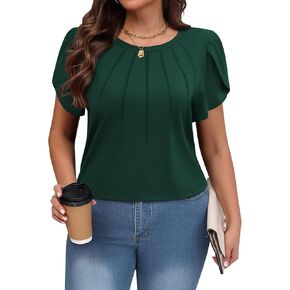 IN'VOLAND Womens Plus Size Tops Summer Loose Tunic Short Sleeve Shirts Crew Neck Top Pleated Dressy Casual Blouses