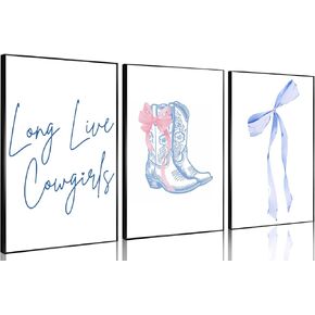 3 Pcs Long Live Cowgirls Wall Art Blue Bows Canvas Wall Decor Trendy Western Cowgirl Boots Preppy Paintings Prints Posters for Preppy Girly Dorm Apartment Bedroom Living Room 16x24in Unframed