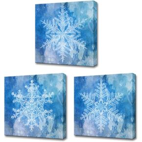 LoveHouse 3 Piece Winter Theme Snowflake Canvas Wall Art Abstract Blue Snow Picture Print on Canvas Framed Wall Decor for Living Room Bedroom Ready to Hang 12x12inchx3pcs