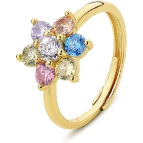 MultiColoured Cubic Zirconia Floral Ring for Women, Adjustable Ladies Rings Gold Plated 925 Sterling Silver Flower Ring
