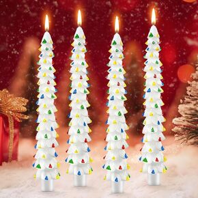 4 Pack Christmas Tree Candles, 10 Inch Unscented Tree Shaped Taper Candles Decorative Christmas Beeswax Candle for Xmas Holiday Decor, Party Banquet Centerpiece Decorations(White with Silver Trim)