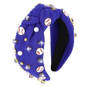 YARIEW Baseball Headbands for Women Wide Knotted Jeweled Baseball Headband for Women Girls Top Knot Headband for Women Baseball Accessories Game Day Sports Fan Mom Baseball Gifts (Blue)