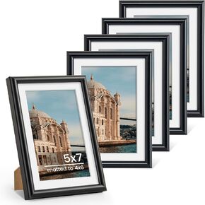 11x14 Picture Frame Set of 5, Display Pictures 8x10 with Mat or 11x14 Without Mat 11 by 14 Photo Frames Wall and Tabletop Display, Walnut Woodgrain
