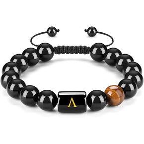 FRG Initials Bracelets for Men Letter Link Handmade Natural Black Onyx Tiger Eye Stone Beads Braided Rope Meaningful Bracelet