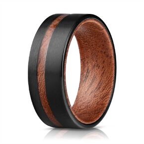 Men's Brushed Black Tungsten Carbide Wedding Band - Premium Grade Black Ring With Unique Wodden Inlay - Includes Silicon Band, Leather Drawstring Pouch, & Luxury Walnut Ring Box