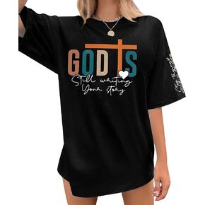 Oversized Christian Shirts Jesus Tshirt - Women God is Still Writing Your Story Shirt Boho Good Faith Sleeve Tee Tops