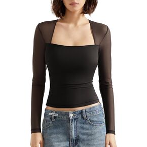 SUUKSESS Women Sexy Mesh Long Sleeve Tops Trendy Square Neck Going Out T Shirts