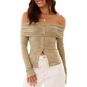 Cicy Bell Womens Off The Shoulder Tops Cute Long Sleeve Slim Fit Ribbed Ruched Shirt 2024 Fall Y2k Clothes