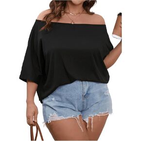 Women's Plus Size Off The Shoulder Casual Tee Top Summer Solid Dolman Short Sleeve Trendy T Shirt