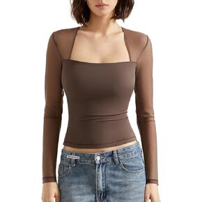 SUUKSESS Women Sexy Mesh Long Sleeve Tops Trendy Square Neck Going Out T Shirts in Kuwait