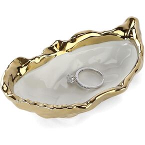 HOME SMILE Oyster Shell Ring Dish,Jewelry Dish Tray, Trinket Tray, Long Distance Friendship Gifts for Women,Ceramic Gold