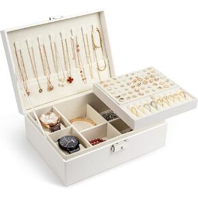 Lonian 2 Layer Jewelry Box, Double Layer Leather Jewelry Organizer Case Ideal Gift for Women Girls Wife, Earring Storage Organizer Box with Lock for Bracelets Rings Necklaces (White)