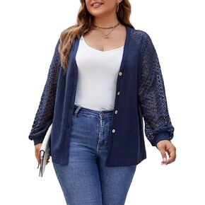 Plus Size Cardigan for Women Lace Long Sleeve Button Down Sweater Lightweight Soft Waffle Knit Cardigan Sweaters
