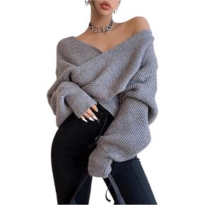 Verdusa Women's Criss Cross Wrap Sweater V Neck Long Sleeve Drop Shoulder Fall Knit Tops