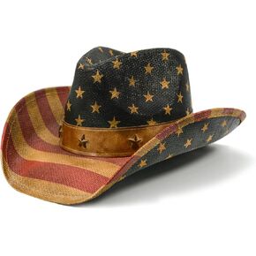 Vintage USA American Flag Cowboy Hat Classic Tea Stained Patriotic Western Cowboy Cowgirl Hat with Shapable Brim, Vintage Classic