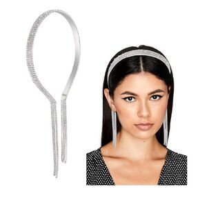 Crystal Tassel Headband for Women Sparkly Rhinestone Fake Earrings Hair Chain Hairhoop Wedding Bridal Bejewelled Hairband for Girls