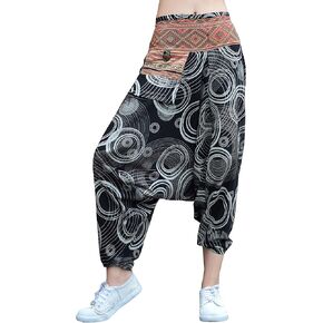 Cotton Aum Mao Hilltribe Aladdin Pants Waist w/Pocket Geometric Art Black L/XL
