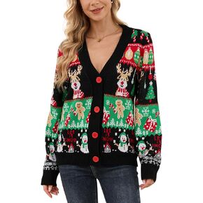 YIJIU Women's Ugly Christmas Cardigans Sweater V Neck Button Down Funny Xmas Open Front Long Sleeve Knit Sweaters Outwear