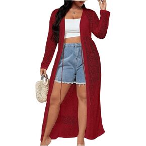 MakeMeChic Women's Plus Size Crochet Cardigan Sweater Boho Tie Front Hollow Out Knit Long Sleeve Kimono