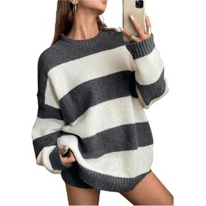 SHENHE Women's Oversized Striped Crewneck Sweater Ribbed Knit Drop Shoulder Sweater Jumper