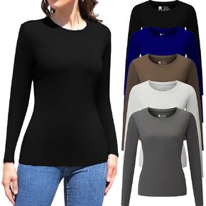 Vomidia 5 Piece Womens Crew Neck Long Sleeve Shirts Crop Tops Fall Fashion Layering Slim Fitted Y2k Tops