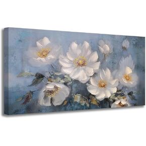 Anolyfi Large Flower Canvas Wall Art Textured Painting Elegant White Floral Landscape Gold Blue Picture Abstract Artwork Framed for Bedroom Living Room Bathroom Kitchen Office Home Decor 40"x20"