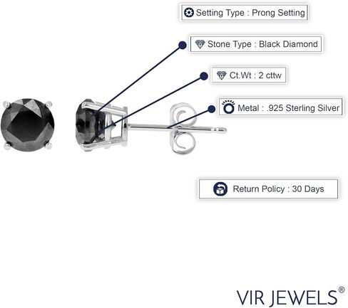 1/3 to 2 Carat Black Diamond Stud Earrings in .925 Sterling Silver with Rhodium Push Backs Round Prong Set in Kuwait