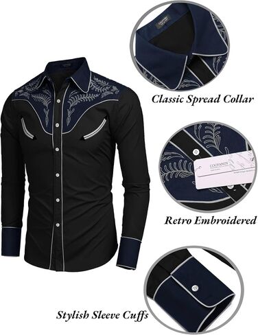 COOFANDY Men's Western Cowboy Shirt Embroidered Button Down Long Sleeve Shirts in Kuwait