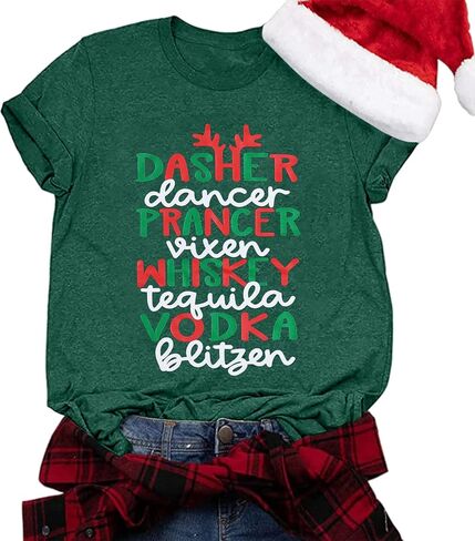 Merry Christmas Dasher Dancer Shirt Prancer Vixen T-Shirt with Funny Saying Women Casual Short Sleeve Tee Tops in Saudi Arabia