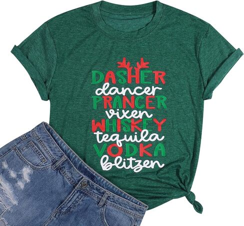 Merry Christmas Dasher Dancer Shirt Prancer Vixen T-Shirt with Funny Saying Women Casual Short Sleeve Tee Tops in Saudi Arabia
