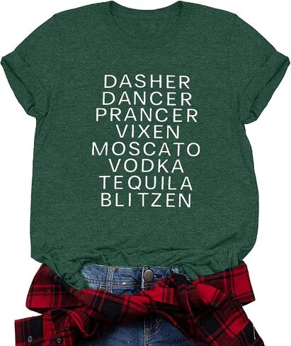 Merry Christmas Dasher Dancer Shirt Prancer Vixen T-Shirt with Funny Saying Women Casual Short Sleeve Tee Tops in Saudi Arabia