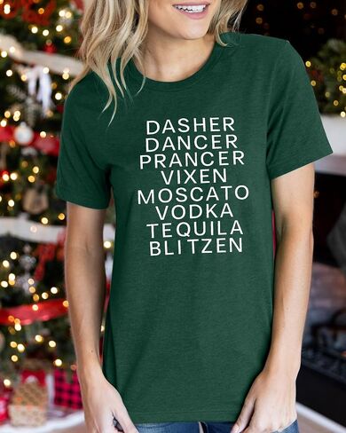 Merry Christmas Dasher Dancer Shirt Prancer Vixen T-Shirt with Funny Saying Women Casual Short Sleeve Tee Tops in Saudi Arabia
