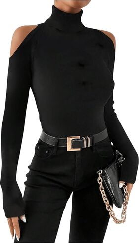 Women's Plus Size Cold Shoulder Turtleneck T Shirts Long Sleeve Slim Fit Tee Top in Saudi Arabia