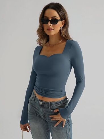 العصرية الملكة المرأة قمصان طويلة الأكمام فتحة عنق بصدر مفتوح الأساسية المحاصيل القمم لطيف الخريف التي شيرت Y2k الخروج وتتسابق 2024 in Kuwait