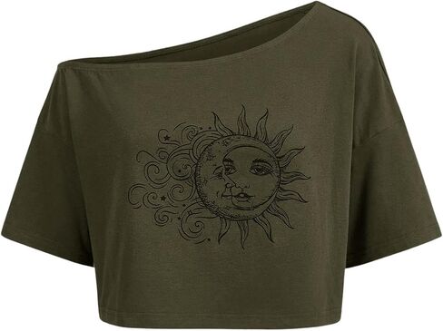 SOLY HUX Women's Graphic Tees Off Shoulder Half Sleeve Sun Moon Print T Shirt Crop Tops in Saudi Arabia