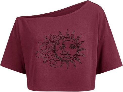 SOLY HUX Women's Graphic Tees Off Shoulder Half Sleeve Sun Moon Print T Shirt Crop Tops in Saudi Arabia
