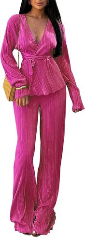 CALEBGAR Women's Fall 2 Piece Pleated Sets Long Sleeve Open Front Shirt with Belt Flare Wide Leg Linen Pants Sets Streetwear in Saudi Arabia