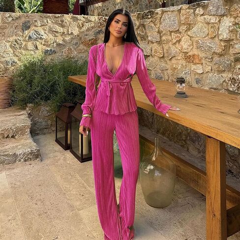 CALEBGAR Women's Fall 2 Piece Pleated Sets Long Sleeve Open Front Shirt with Belt Flare Wide Leg Linen Pants Sets Streetwear in Saudi Arabia