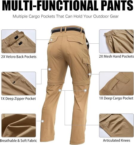 Mens Hiking Convertible Pants Zip Off Quick Dry Lightweight Fishing Safari Travel Camping Outdoor Cargo Pants in Kuwait