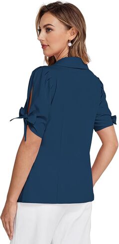 Belle Poque إمرأة قصير الأكمام زر أسفل قميص خمر قمم مطوي أنيق البلوزات الأعمال رداء علوي غير رسمي الخامس الرقبة العمل البلوزات in Kuwait