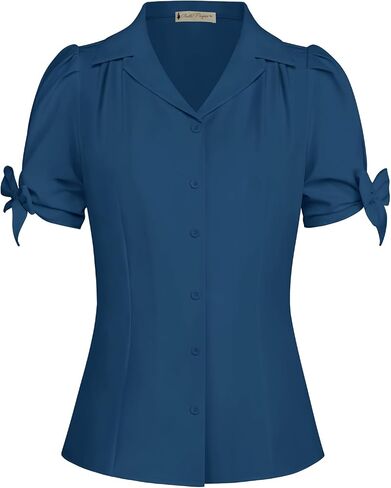 Belle Poque إمرأة قصير الأكمام زر أسفل قميص خمر قمم مطوي أنيق البلوزات الأعمال رداء علوي غير رسمي الخامس الرقبة العمل البلوزات in Kuwait