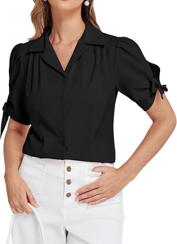 Belle Poque إمرأة قصير الأكمام زر أسفل قميص خمر قمم مطوي أنيق البلوزات الأعمال رداء علوي غير رسمي الخامس الرقبة العمل البلوزات in Kuwait