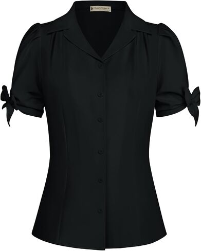 Belle Poque إمرأة قصير الأكمام زر أسفل قميص خمر قمم مطوي أنيق البلوزات الأعمال رداء علوي غير رسمي الخامس الرقبة العمل البلوزات in Kuwait