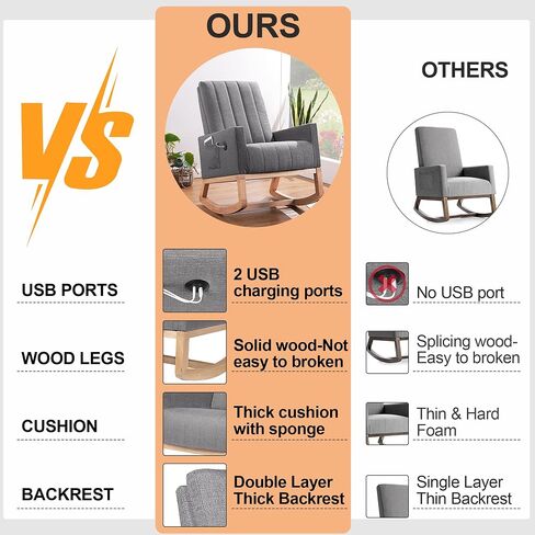 VECELO Rocking Chair Nursery, Leather Upholstered Glider Rocker, Modern Accent Armchair with USB Port/Side Pocket/High Backrest/Padded Seat for Living Room and Bedroom in Saudi Arabia