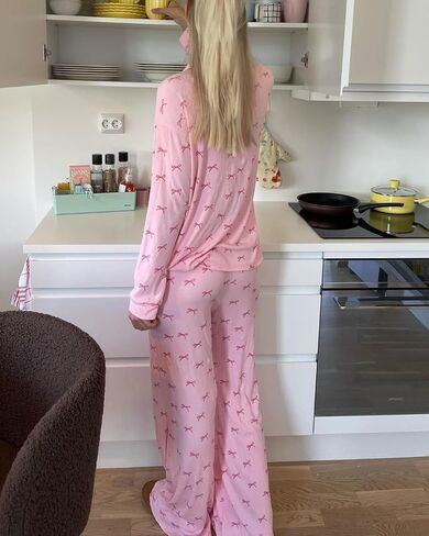 Womens Pajama Sets Cute Pj Set Bow Tie Print Long Sleeve Button Down Shirt With Long Pants Fall Sleepwear in Kuwait