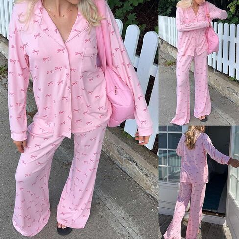 Womens Pajama Sets Cute Pj Set Bow Tie Print Long Sleeve Button Down Shirt With Long Pants Fall Sleepwear in Kuwait
