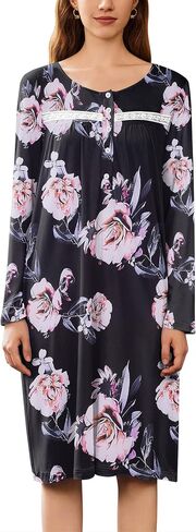 Ekouaer Nightgowns for Women Long Sleeve Sleepshirt Button Nightshirt Floral Sleepwear Night Dress with Pockets S-XXXL in Saudi Arabia