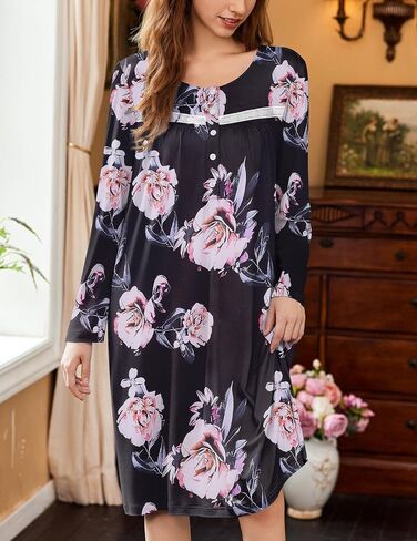 Ekouaer Nightgowns for Women Long Sleeve Sleepshirt Button Nightshirt Floral Sleepwear Night Dress with Pockets S-XXXL in Saudi Arabia