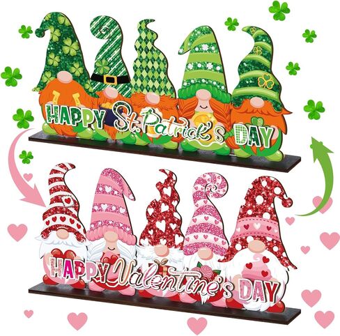 Valentine's Day and St. Patrick's Day Reversible Gnome Wood Signs Double Sided Valentines St. Patrick's Day Theme Wooden Standing Blocks Decoration Gnome Table Centerpiece for Home(Classic) in Kuwait